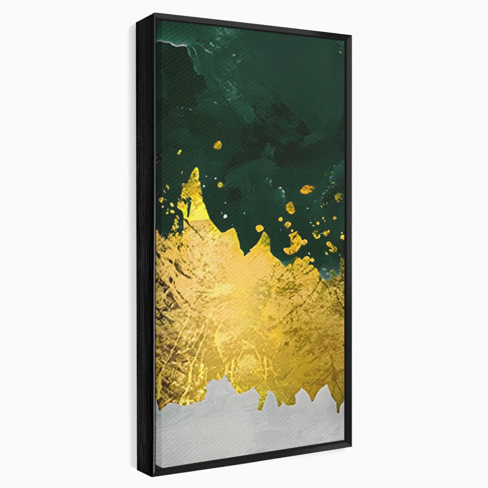 Tablou canvas cu tablou canvas abstract verde si auriu, in rama de aluminiu negru